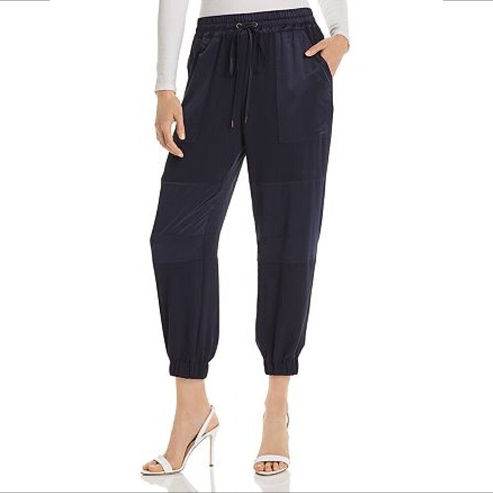 Ramy Brook Alston stretch silk jogger pants black cropped leather trim Small